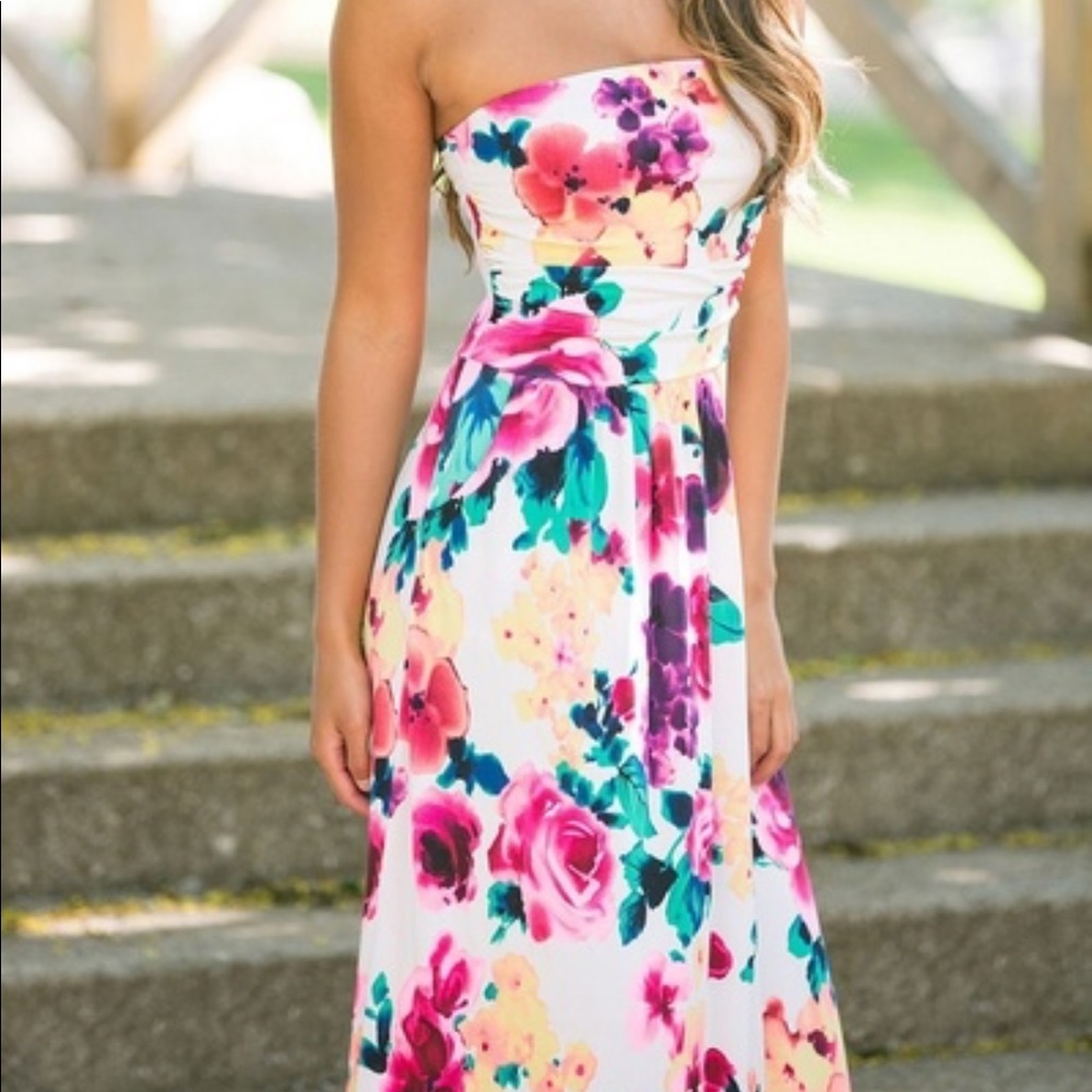 Strapless Floral Floor length dress with POCKETS!